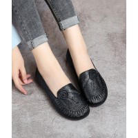 Black Floral Cowhide Leather Loafer Shoes  Loafer Shoes