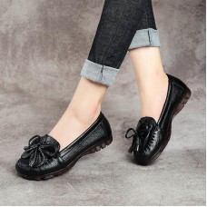 Black Bow Flat Shoes Genuine Leather Handmade  Flat Shoes