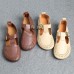 Cowhide Beige Leather Flat Shoes For Women Buckle Strap Hollow Out Flat Shoes