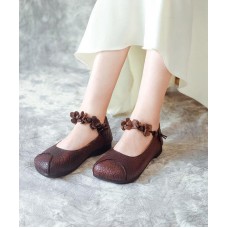 Chocolate Cowhide Leather Buckle Strap Loafers For Women