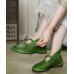 Comfortable Solid Green Flat Feet Shoes Cowhide Leather Upper Buckle Strap Flat Shoes