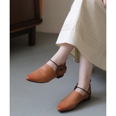Casual Pointed Toe Flat Shoes For Women Pink Brown Cowhide Leather