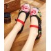 Green Flat Shoes Embroideried Comfy Cotton Fabric Buckle Strap Flat Shoes For Women